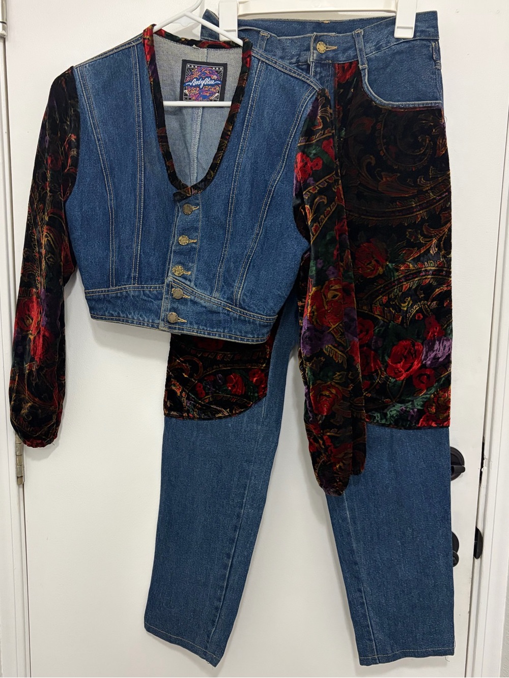 Vintage-Inspired Blue Denim Jeans with Floral Velvet Panels